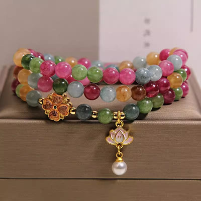 Buddha Stones Rainbow Tourmaline Lotus Wisdom Triple Wrap Beaded Charm Bracelet - image 4