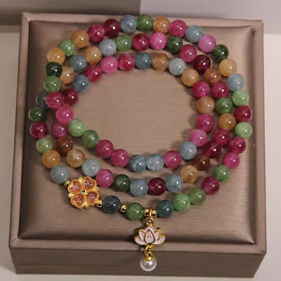 Buddha Stones Rainbow Tourmaline Lotus Wisdom Triple Wrap Beaded Charm Bracelet - image 1