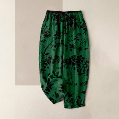 Buddha Stones Pure Cotton Black Botanical Leaf Pattern Women's Elastic Waist Pants With Pockets - ForestGreen - US16，UK/AU20，EU48 (3XL) - image 5
