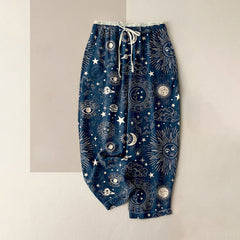 Buddha Stones Pure Cotton Celestial Sun Moon Stars Pattern Women's Elastic Waist Pants With Pockets - Navy - US16，UK/AU20，EU48 (3XL) - image 0