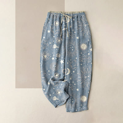 Buddha Stones Pure Cotton Celestial Sun Moon Stars Pattern Women's Elastic Waist Pants With Pockets - LightSteelBlue - US16，UK/AU20，EU48 (3XL) - image 4