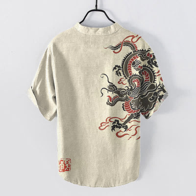 Buddha Stones Cotton Black Red Dragon Pattern Men's Short Sleeve Half Button Shirt - image 1