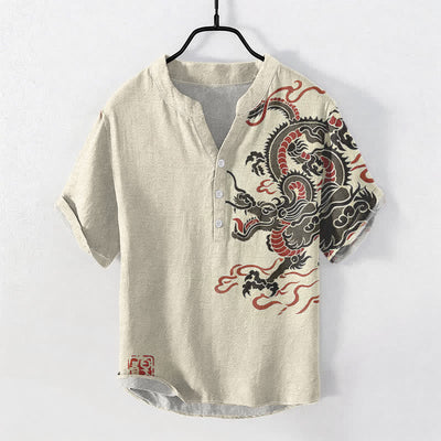 Buddha Stones Cotton Black Red Dragon Pattern Men's Short Sleeve Half Button Shirt - Beige - US/UK/AU50，EU60 (5XL) - image 0