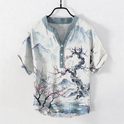 Buddha Stones Cotton Ink Wash Mountain Plum Pattern Half Button Men's Short Sleeve  Shirt - AliceBlue - US/UK/AU50，EU60 (5XL) - image 0