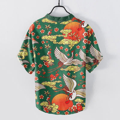 Buddha Stones Pure Cotton Crane Sun Cloud Floral Pattern Men's Short Sleeve Half Button Shirt - image 6