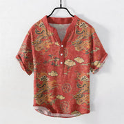 Foviel Cotton Golden Dragon Cloud Pattern Men's Short Sleeve Half Button Shirt