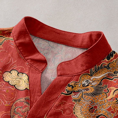 Buddha Stones Cotton Golden Dragon Cloud Pattern Men's Short Sleeve Half Button Shirt - image 2