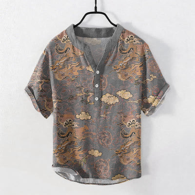 Buddha Stones Cotton Golden Dragon Cloud Pattern Men's Short Sleeve Half Button Shirt - Gray - US/UK/AU50，EU60 (5XL) - image 5