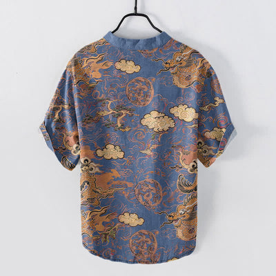 Buddha Stones Cotton Golden Dragon Cloud Pattern Men's Short Sleeve Half Button Shirt - image 8