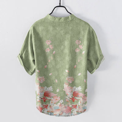 Buddha Stones Cotton Lotus Pattern Men's Short Sleeve Half Button Shirt - image 6