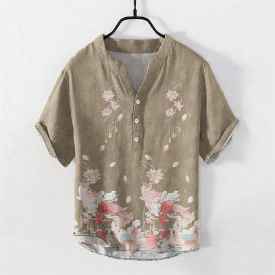 Buddha Stones Cotton Lotus Pattern Men's Short Sleeve Half Button Shirt - Tan - US/UK/AU50，EU60 (5XL) - image 7