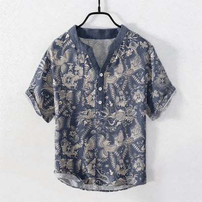 Buddha Stones Cotton Botanical Floral Pattern Men's Short Sleeve Half Button Shirt - SteelBlue - US/UK/AU50，EU60 (5XL) - image 0
