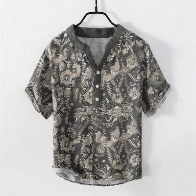 Buddha Stones Cotton Botanical Floral Pattern Men's Short Sleeve Half Button Shirt - SlateGray - US/UK/AU50，EU60 (5XL) - image 5