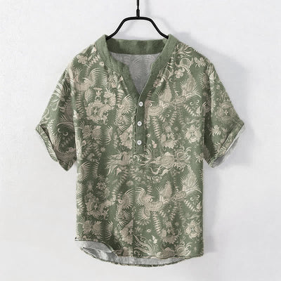Buddha Stones Cotton Botanical Floral Pattern Men's Short Sleeve Half Button Shirt - DarkOliveGreen - US/UK/AU50，EU60 (5XL) - image 7