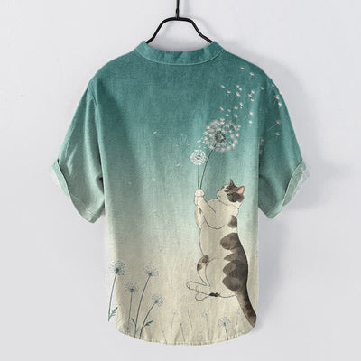 Buddha Stones Cotton Hand Drawn Cat Dandelion Pattern Men's Short Sleeve Half Button Shirt - image 1