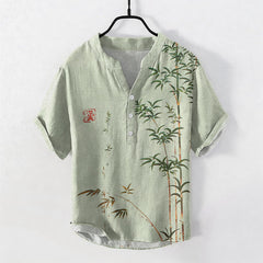 Buddha Stones Cotton Bamboo Ink Wash Pattern Men's Short Sleeve Half Button Shirt - PaleGreen - US/UK/AU50，EU60 (5XL) - image 0