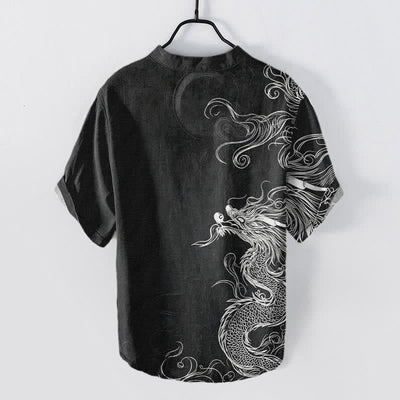 Buddha Stones Cotton Large White Dragon Pattern Men's Short Sleeve Half Button Shirt - image 8
