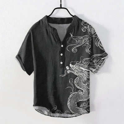 Buddha Stones Cotton Large White Dragon Pattern Men's Short Sleeve Half Button Shirt - Black - US/UK/AU50，EU60 (5XL) - image 7