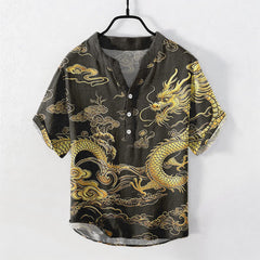 Buddha Stones Cotton Golden Dragon Cloud Pattern Men's Short Sleeve Half Button Shirt - Black - US/UK/AU50，EU60 (5XL) - image 0