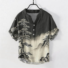 Buddha Stones Cotton Ink Wash Landscape Pattern Men's Short Sleeve Half Button Shirt - Black - US/UK/AU50，EU60 (5XL) - image 0