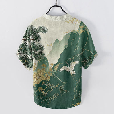 Buddha Stones Cotton Oriental Mountain Crane Landscape Pattern Men's Short Sleeve Half Button Shirt - image 1