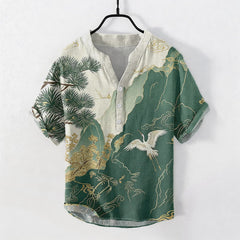Buddha Stones Cotton Oriental Mountain Crane Landscape Pattern Men's Short Sleeve Half Button Shirt - ForestGreen - US/UK/AU50，EU60 (5XL) - image 0