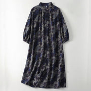 Foviel Frühling Vintage Mandarin Kragen Knopf nach oben Floral Print Damen Ellbogen-Länge Ärmel Kleid mit Taschen