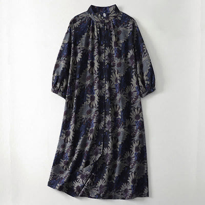 Buddha Stones Spring Vintage Mandarin Collar Button-Up Floral Print Women's Elbow-Length Sleeve Dress With Pockets - MidnightBlue - US12，UK/AU16，EU44 (2XL) - image 0