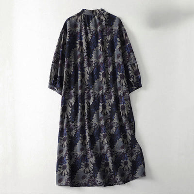 Buddha Stones Spring Vintage Mandarin Collar Button-Up Floral Print Women's Elbow-Length Sleeve Dress With Pockets - image 1
