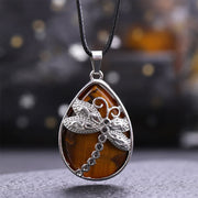 Foviel Natural Green Aventurine Dragonfly Teardrop Shape Inlay Crystal Balance Necklace