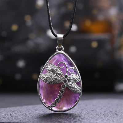Buddha Stones Natural Green Aventurine Dragonfly Teardrop Shape Inlay Crystal Balance Necklace - Natural Amethyst(Color May Vary) - image 21