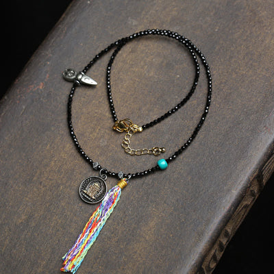 Buddha Stones Black Spinel Turquoise Beads Strength Necklace - Colorful Rope - image 6