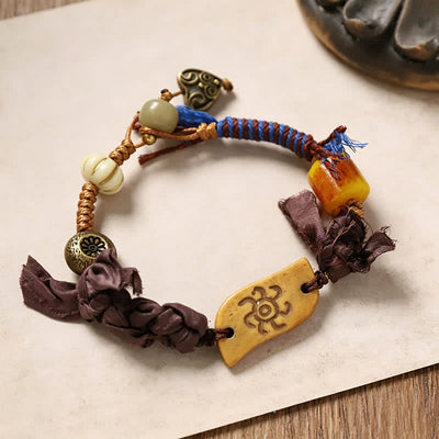 Buddha Stones Bone Fu Character Braided Rope Peace Bracelet - Sun Pattern Bone(Wrist Circumference:20-22cm) - image 4