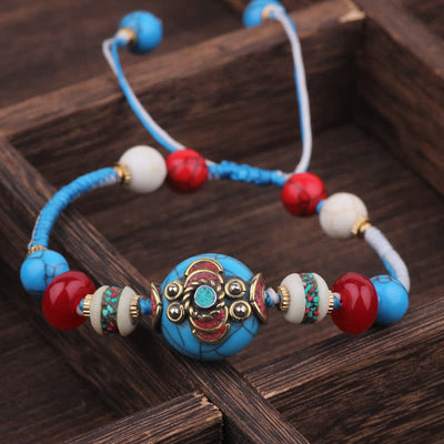 Buddha Stones Turquoise Amber Tibet Braided Rope Love Bracelet - White Blue Rope(Wrist Circumference:15-21cm) - image 8