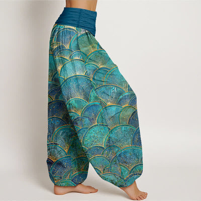 Buddha Stones Pure Cotton Turquoise Fan Pattern Women's Elastic Waist Harem Pants - image 2
