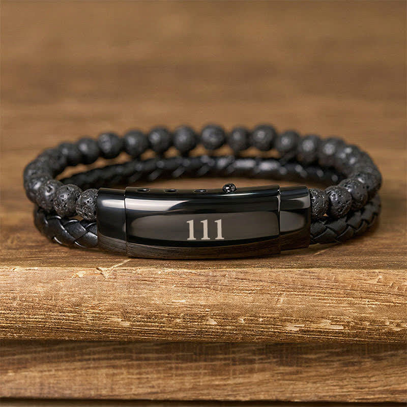 Buddha Stones Lava Rock Angel Numbers Double Wrap Leather Faith Bracelet - Lava Rock(Wrist Circumference: 18-19cm) - 111 - image 11