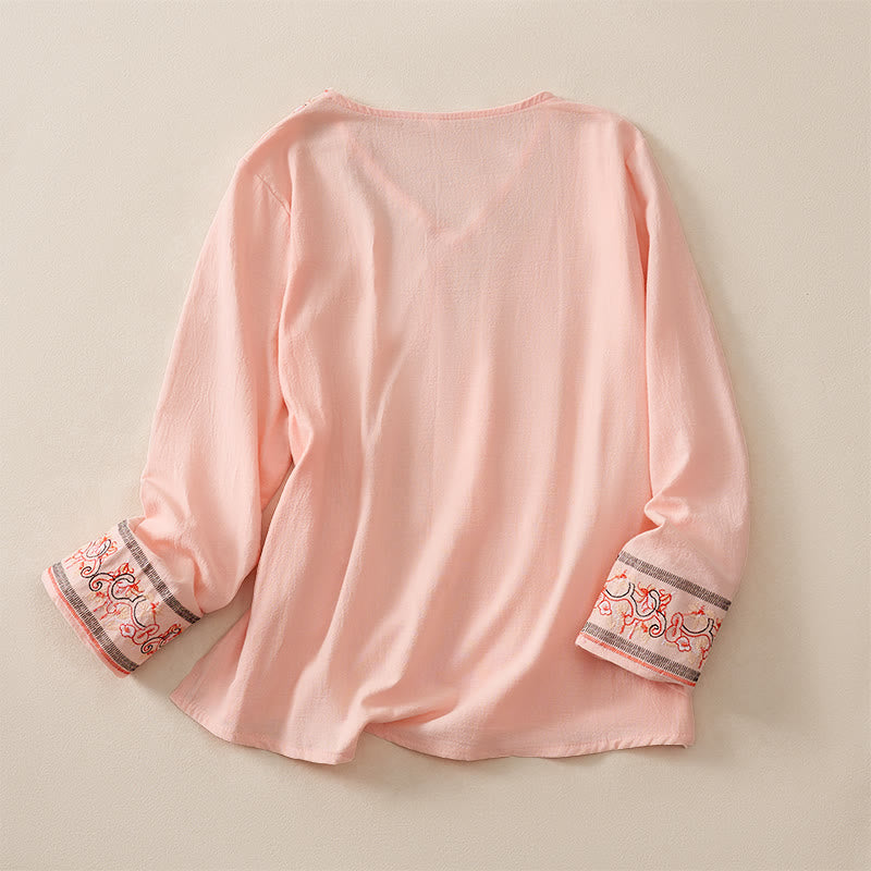 Buddha Stones Casual Embroidered Flowers Slant Collar Strap Long Sleeve Women's Shirt - image 4