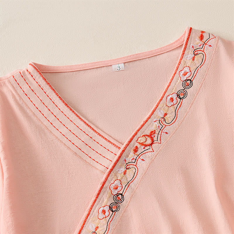 Buddha Stones Casual Embroidered Flowers Slant Collar Strap Long Sleeve Women's Shirt - image 7