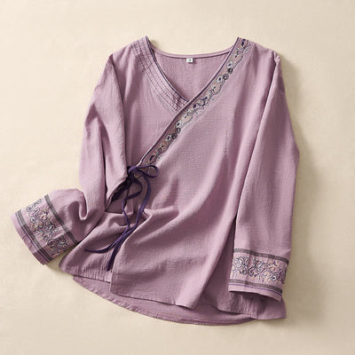Buddha Stones Casual Embroidered Flowers Slant Collar Strap Long Sleeve Women's Shirt - Orchid - US8-10，UK/AU12-14，EU40-42 (3XL) - image 9