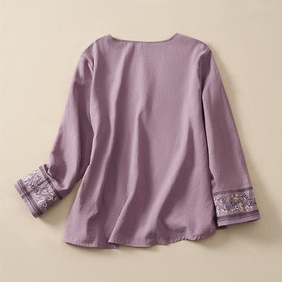Buddha Stones Casual Embroidered Flowers Slant Collar Strap Long Sleeve Women's Shirt - image 14