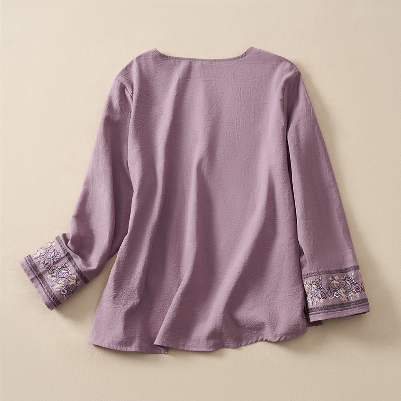 Buddha Stones Casual Embroidered Flowers Slant Collar Strap Long Sleeve Women's Shirt - image 14