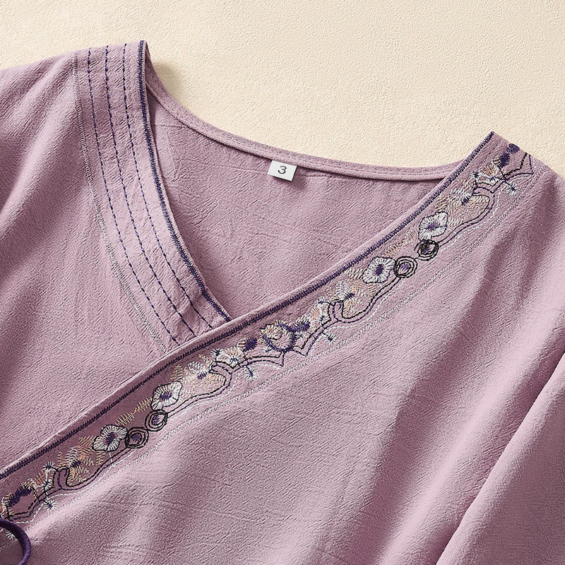 Buddha Stones Casual Embroidered Flowers Slant Collar Strap Long Sleeve Women's Shirt - image 12