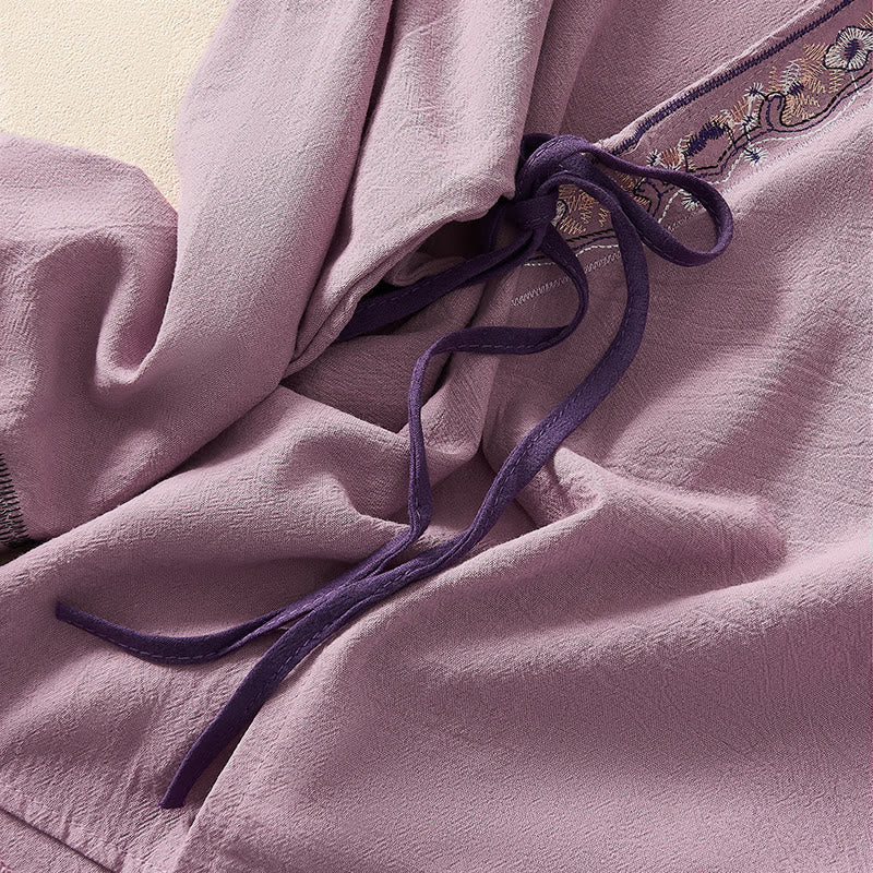 Buddha Stones Casual Embroidered Flowers Slant Collar Strap Long Sleeve Women's Shirt - image 10