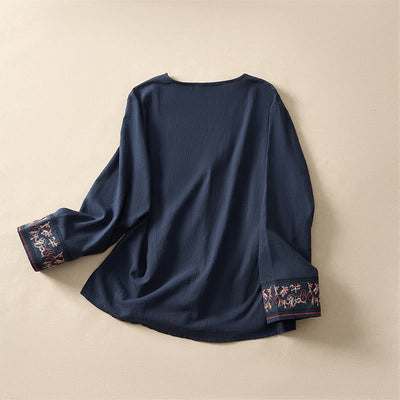 Buddha Stones Casual Embroidered Flowers Slant Collar Strap Long Sleeve Women's Shirt - image 20