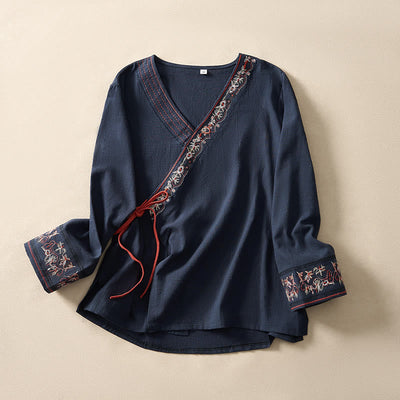 Buddha Stones Casual Embroidered Flowers Slant Collar Strap Long Sleeve Women's Shirt - Navy - US8-10，UK/AU12-14，EU40-42 (3XL) - image 15