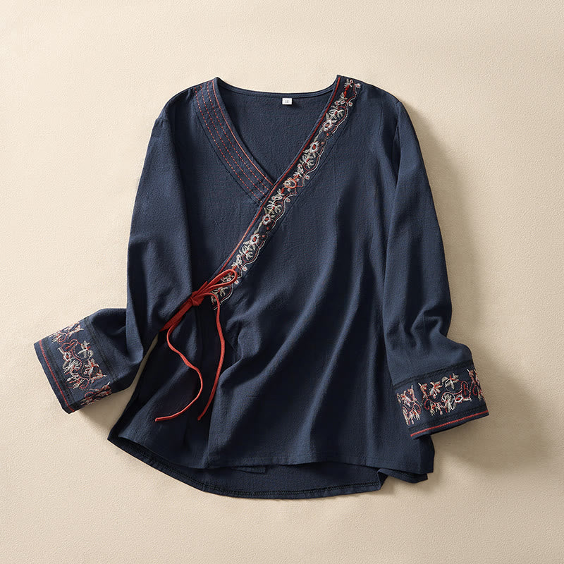 Buddha Stones Casual Embroidered Flowers Slant Collar Strap Long Sleeve Women's Shirt - Navy - US8-10，UK/AU12-14，EU40-42 (3XL) - image 15
