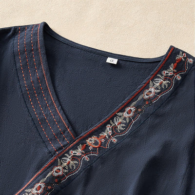 Buddha Stones Casual Embroidered Flowers Slant Collar Strap Long Sleeve Women's Shirt - image 16