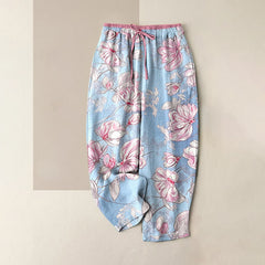 Buddha Stones Pure Cotton Romantic Pink Floral Pattern Women's Elastic Waist Pants With Pockets - LightBlue - US16，UK/AU20，EU48 (3XL) - image 0