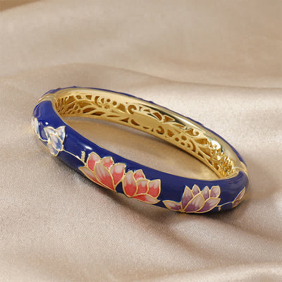 Buddha Stones Copper Lotus Cloisonné Enamel Enlightenment Bangle Bracelet - Blue - image 2
