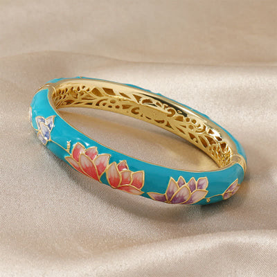 Buddha Stones Copper Lotus Cloisonné Enamel Enlightenment Bangle Bracelet - Turquoise Blue - image 3